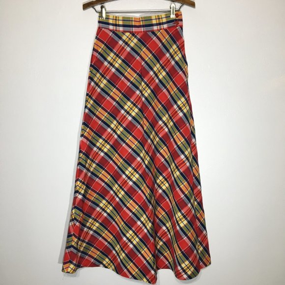 Vintage 60s 70s Plaid Maxi Skirt, Red Blue Plaid A Line Skirt, Hippie Academia - Picture 7 of 14